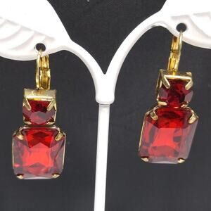 Vintage Red Rhinestone Lever Back Earrings, Gold Tone, 1990s, 1 3/8 Inches